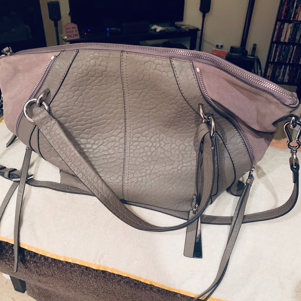 Grey/Taupe Leather Hand bag with shoulder and crossbody strap